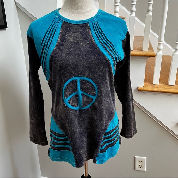 Black and Blue Peace Sign Shirt Women’s L / XL Cotton Bohemian - Picture 1 of 8
